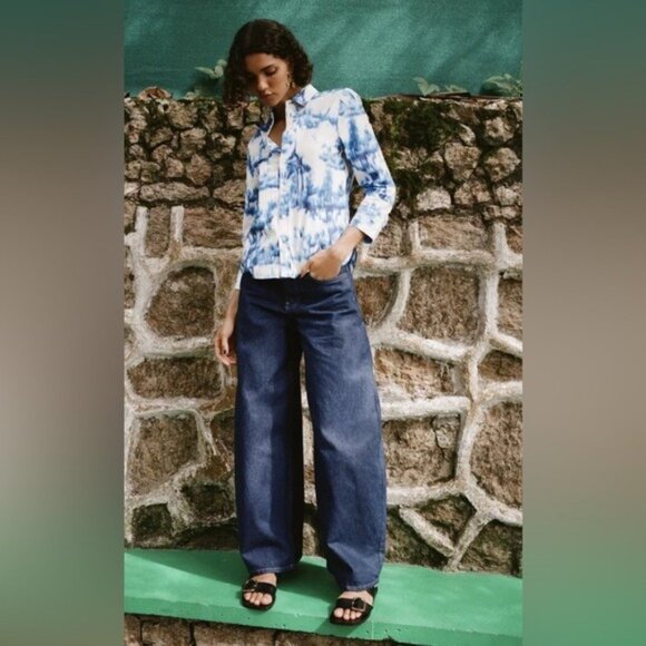 NWT ZARA Printed Poplin Button Up Shirt Blue White Women’s SMALL 3134/153/400 - Picture 2 of 12